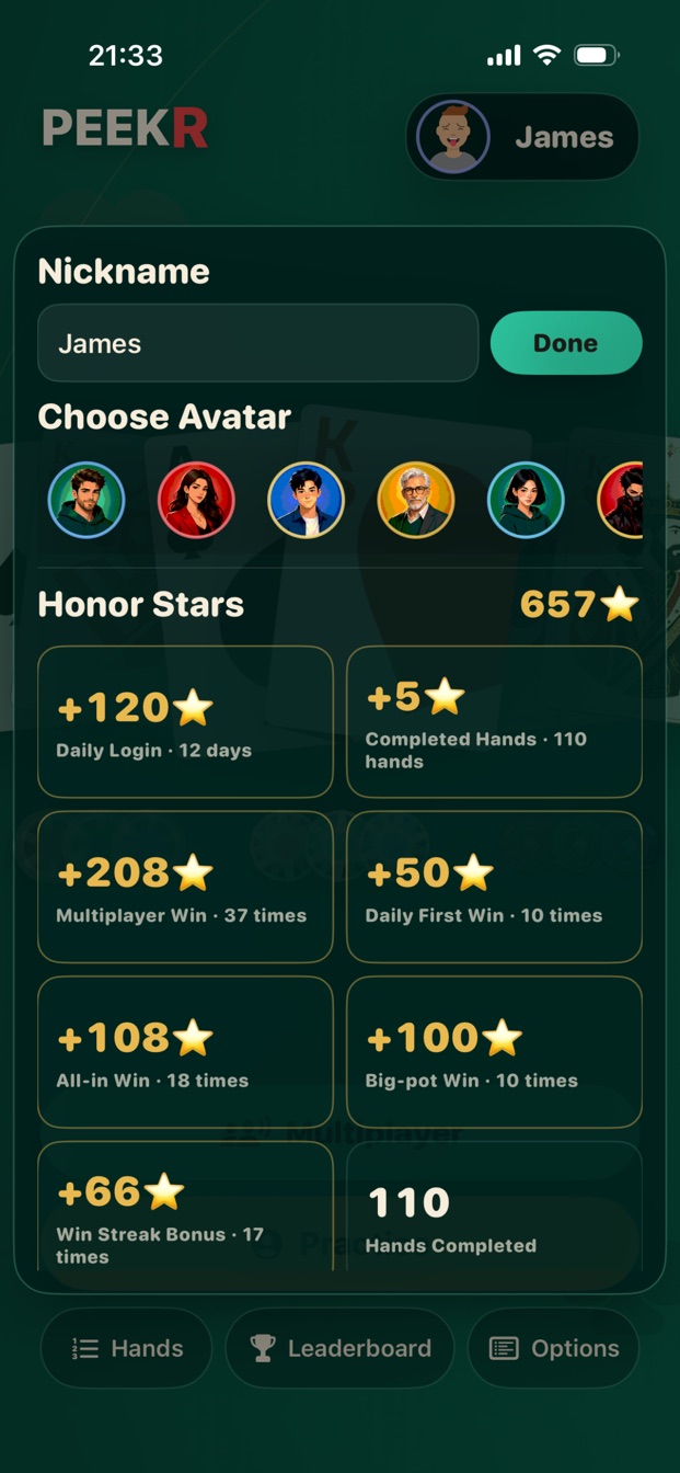Peekr iPhone profile and Honor Stars
